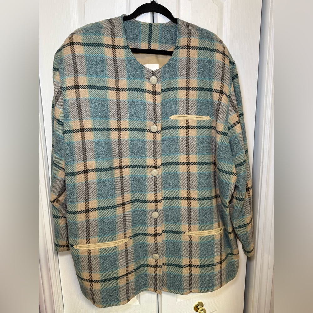 Retro Chic Vintage Plaid Wool Blend Jacket Blue Beige Checkered ButtonUp Coat